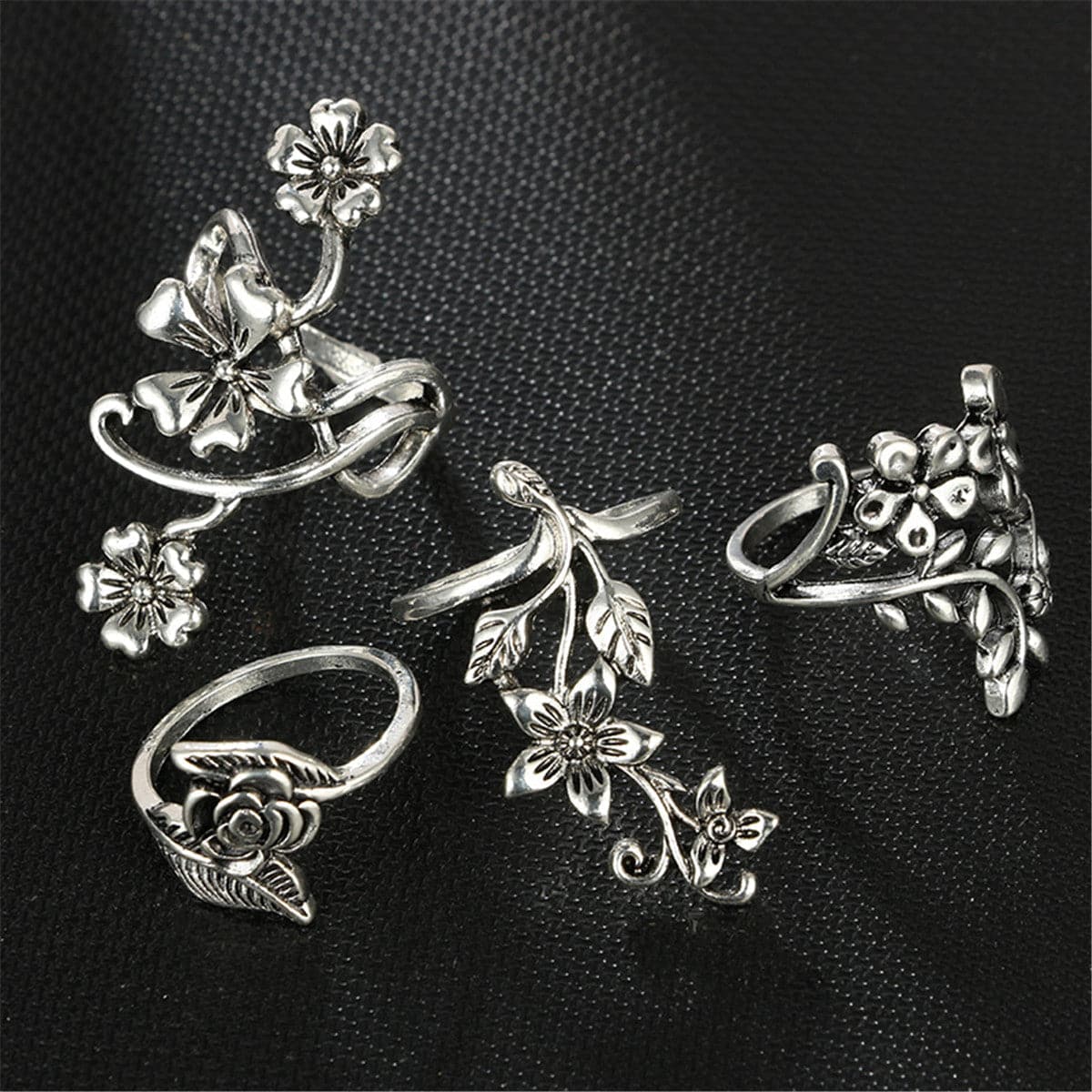 Silver-Plated Floral Leaf Ring Set, jewelry gift sets for women, vintage-inspired design, side view