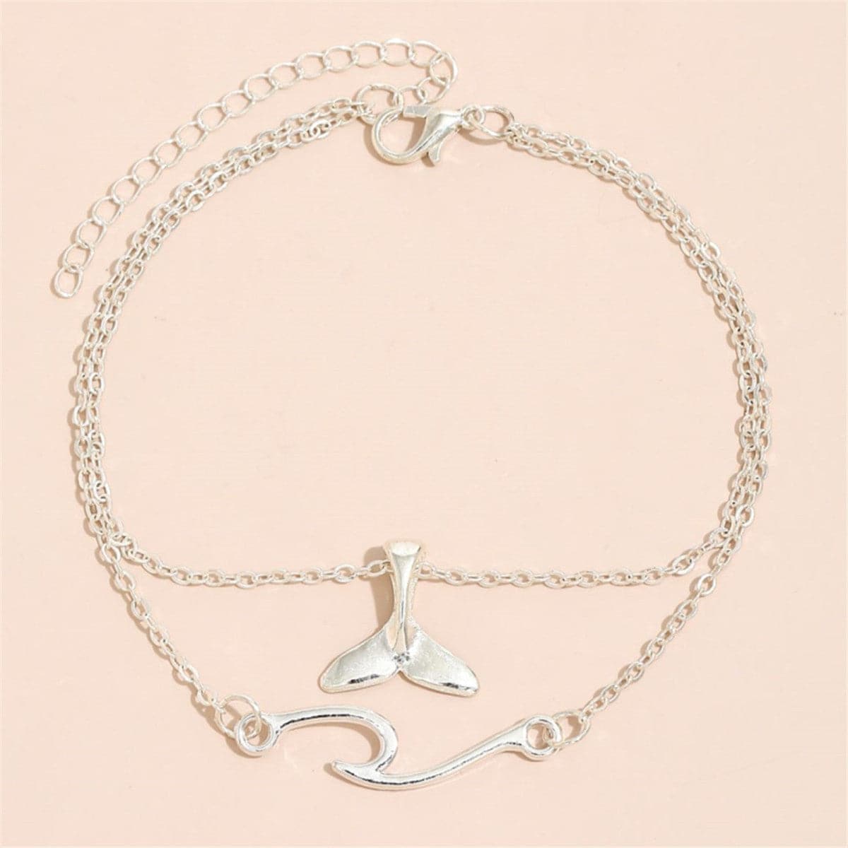 Silver-Plated Fishtail Charm Anklet and Wave Charm Anklet, jewelry gift sets for women, everyday style, side view