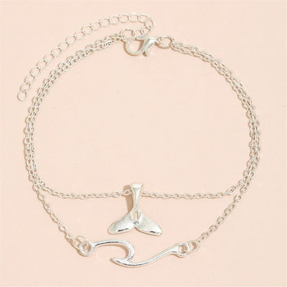 Silver-Plated Fishtail Charm Anklet and Wave Charm Anklet, jewelry gift sets for women, everyday style, side view