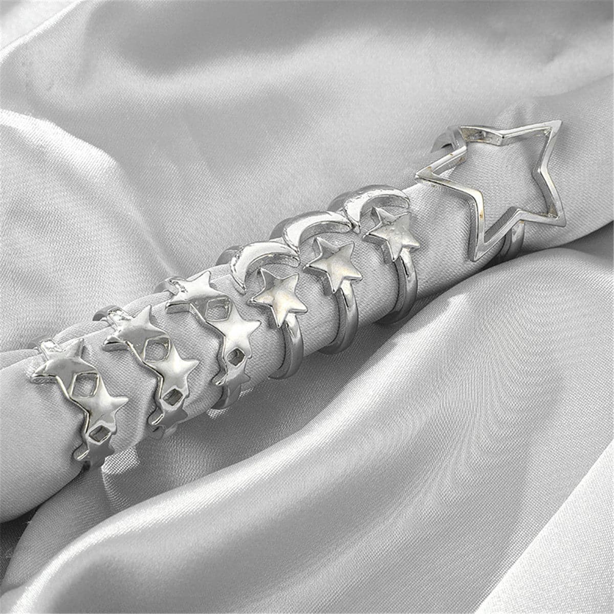 Silver-Plated Star & Moon Stackable Ring Set