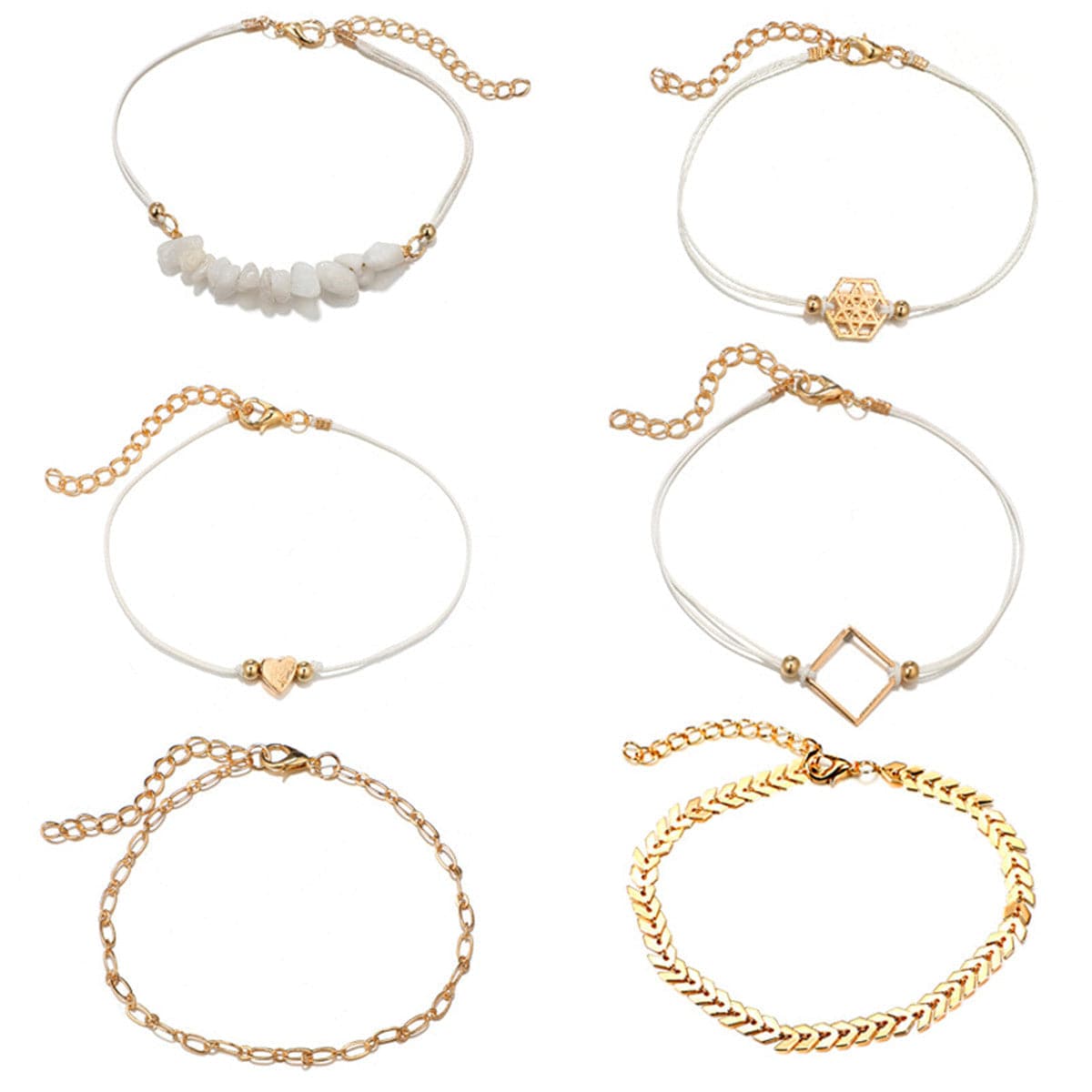 White Resin and 18K Gold-Plated Geometric Charm Bracelet Set, jewelry gift sets for women, detail close-up