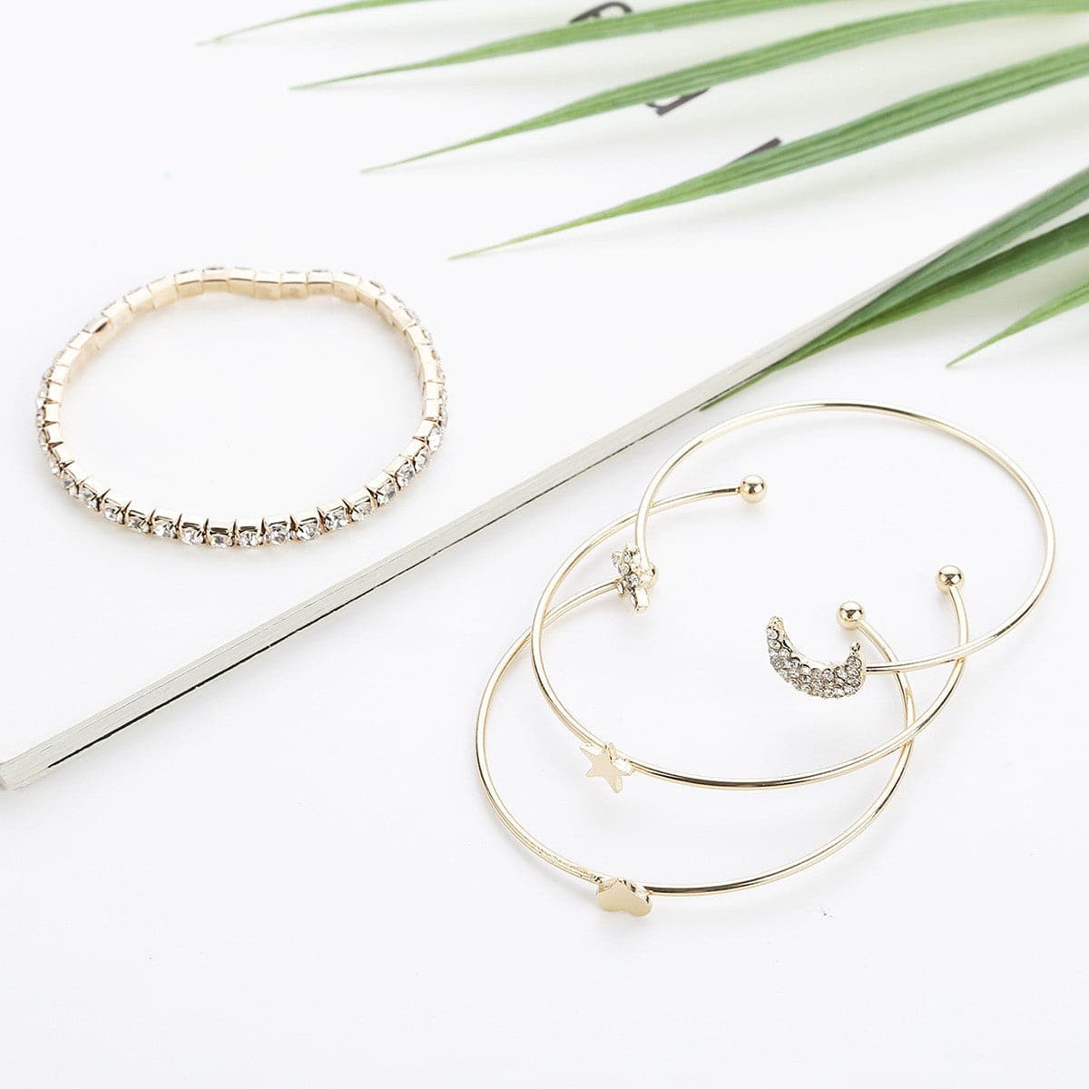 Cubic Zirconia and 18K Gold-Plated Stars Moon Bangle Cuff Set, jewelry gift sets for women, detail close-up