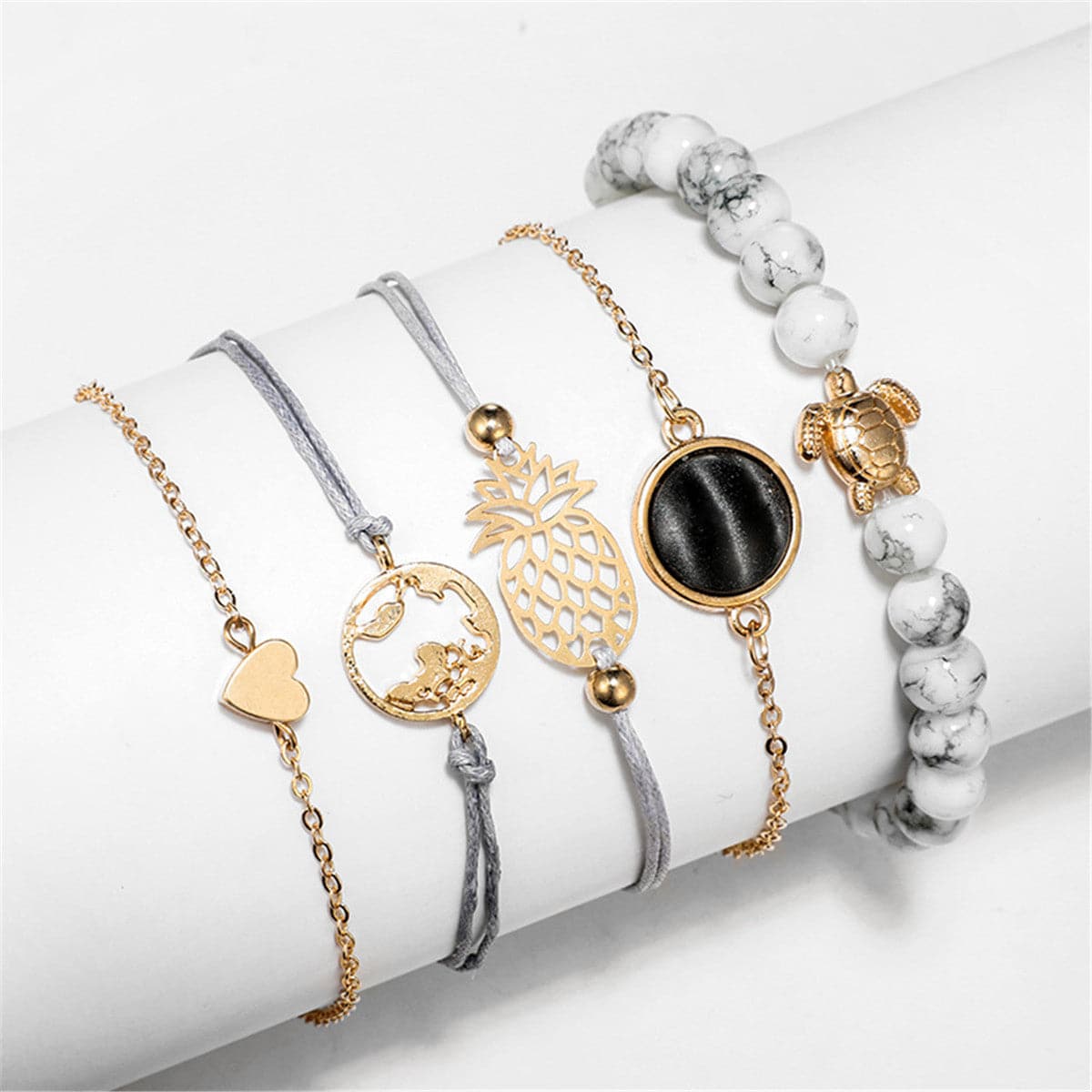 Gray Turquoise and 18K Gold-Plated Pineapple Bracelet Set, jewelry gift sets for women, everyday style, detail close-up