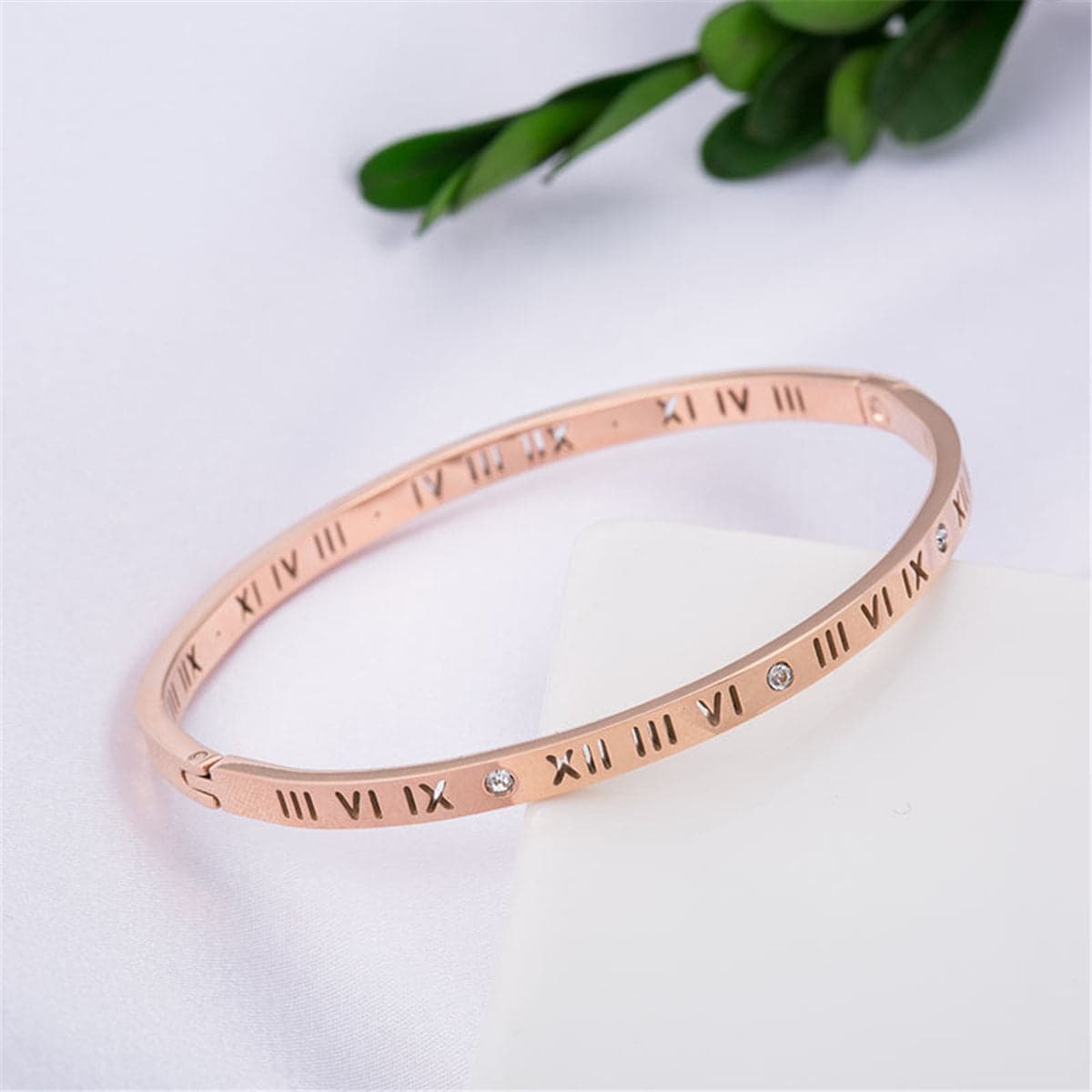 Cubic Zirconia and 18K Rose Gold-Plated Roman Numeral Bangle, rose gold bangle bracelet, everyday style, front view