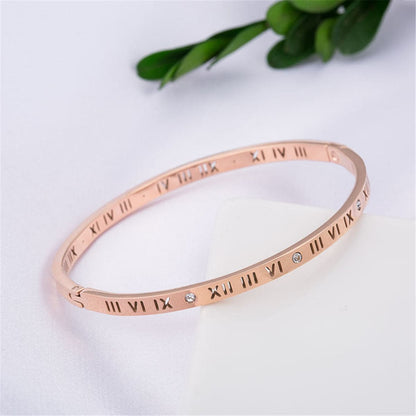 Cubic Zirconia and 18K Rose Gold-Plated Roman Numeral Bangle, rose gold bangle bracelet, everyday style, front view