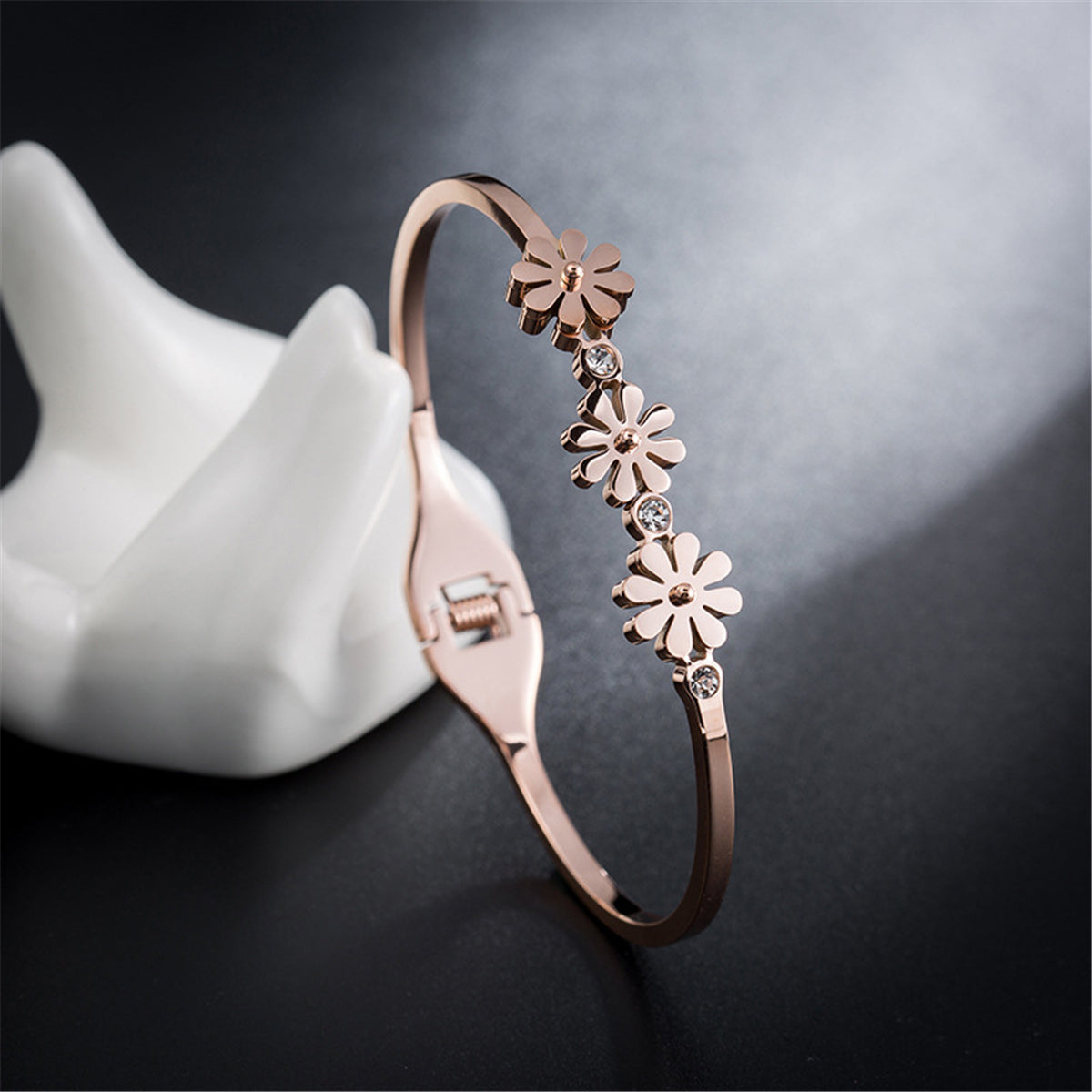 Cubic Zirconia and 18K Rose Gold-Plated Triple Mum Hinge Bangle, rose gold bangle bracelet, detail close-up