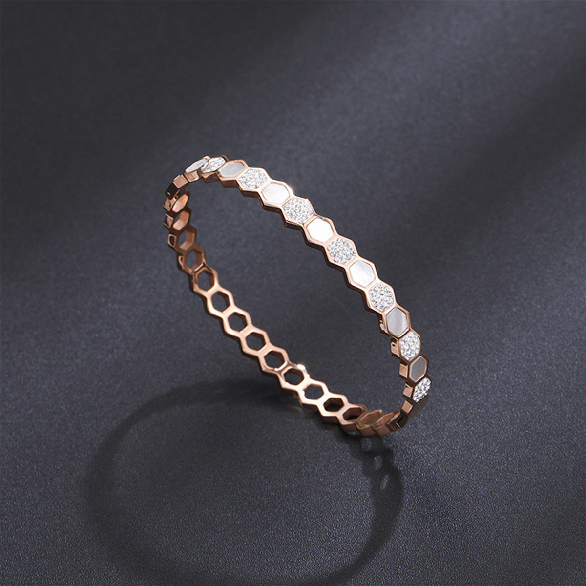 Cubic Zirconia and Shell Honeycomb Bangle, bangle bracelet, vintage-inspired design, front view