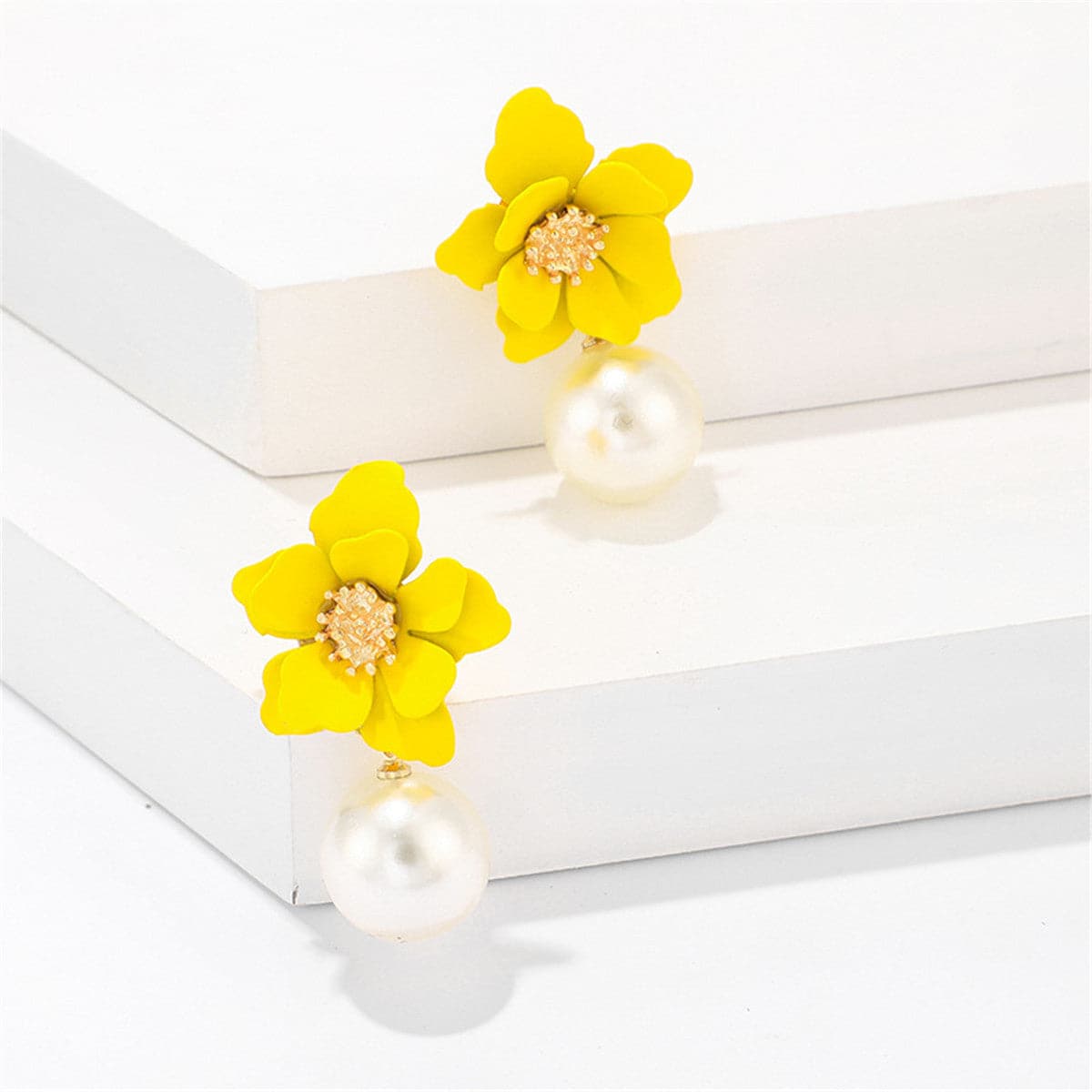 Yellow Acrylic & Pearl Flower Drop Earrings