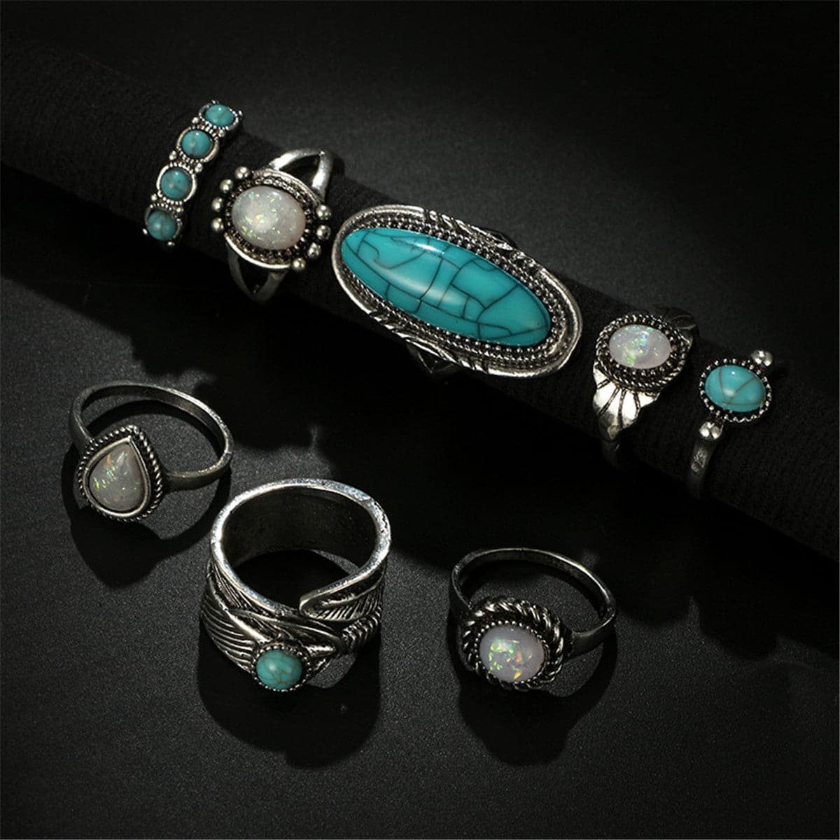 Turquoise and Silver-Plated Leaf Feather Ring Set, jewelry gift sets for women, botanical inspired, lifestyle look