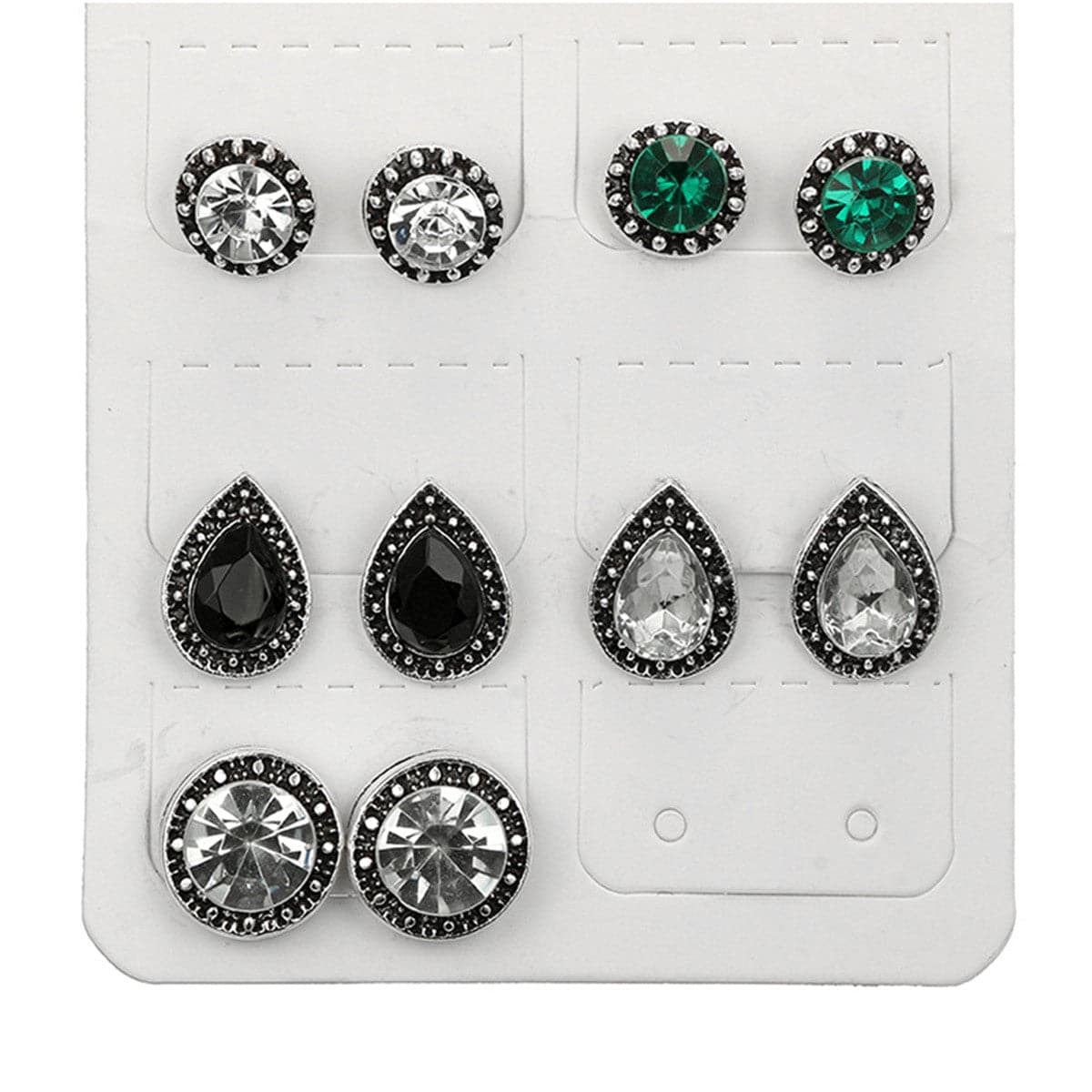 Green Crystal and Silver-Plated Stud Earrings Set, silver stud earrings for women, vintage-inspired design, side view