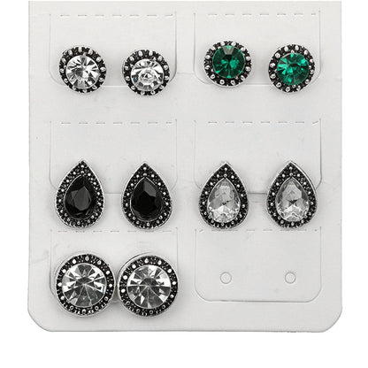 Green Crystal and Silver-Plated Stud Earrings Set, silver stud earrings for women, vintage-inspired design, side view