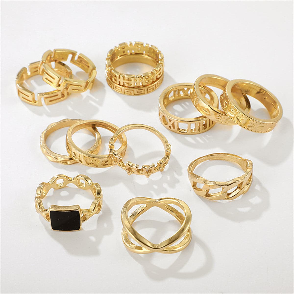 Black Enamel and 18K Gold-Plated Square Openwork-Band Ring Set, jewelry gift sets for women, lifestyle look