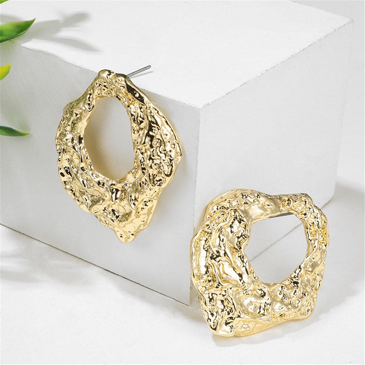 18K Gold-Plated Wrinkled Geometry Hoop Drop Earrings, gold stud earrings for women, elegant gift for her, lifestyle look