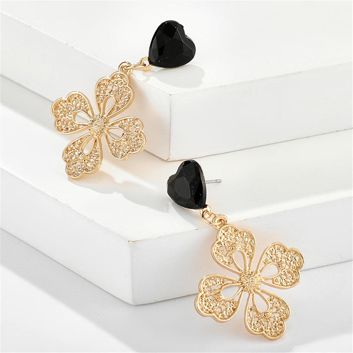 Black Crystal & 18K Gold-Plated Filigree Heart Floral Drop Earrings