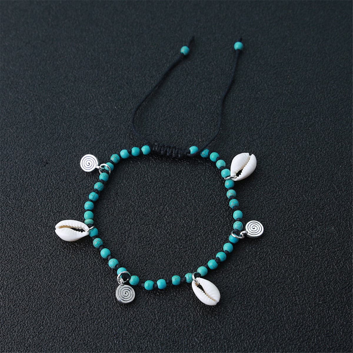 Turquoise and Silver-Plated Shell Adjustable Anklet, silver anklet bracelet, botanical inspired, styled look