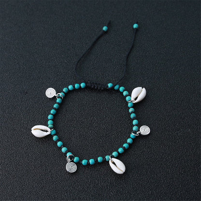 Turquoise and Silver-Plated Shell Adjustable Anklet, silver anklet bracelet, botanical inspired, styled look