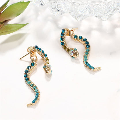 Blue Cubic Zirconia and 18K Gold-Plated Snake Drop Earrings, gold drop earrings for women, detail close-up