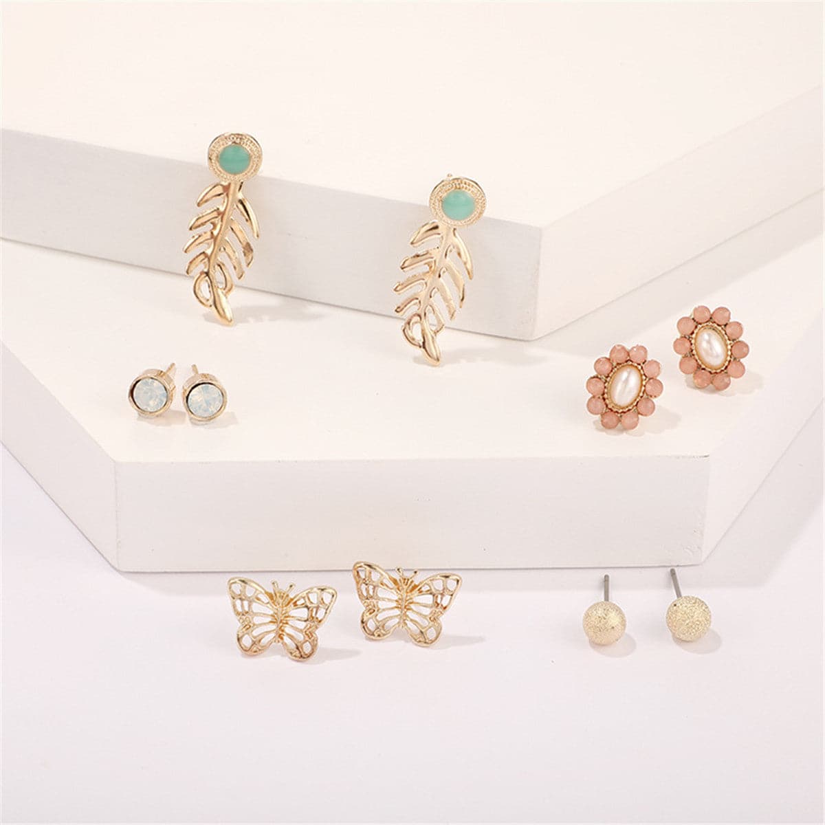 Pink Cubic Zirconia & 18K Gold-Plated Flower Stud Earrings Set