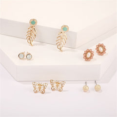 Pink Cubic Zirconia & 18K Gold-Plated Flower Stud Earrings Set