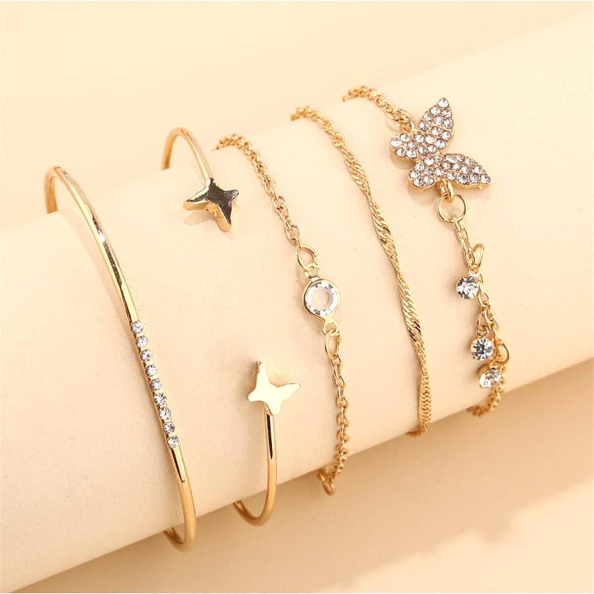 Cubic Zirconia & 18K Gold-Plated Butterfly Bracelet Set
