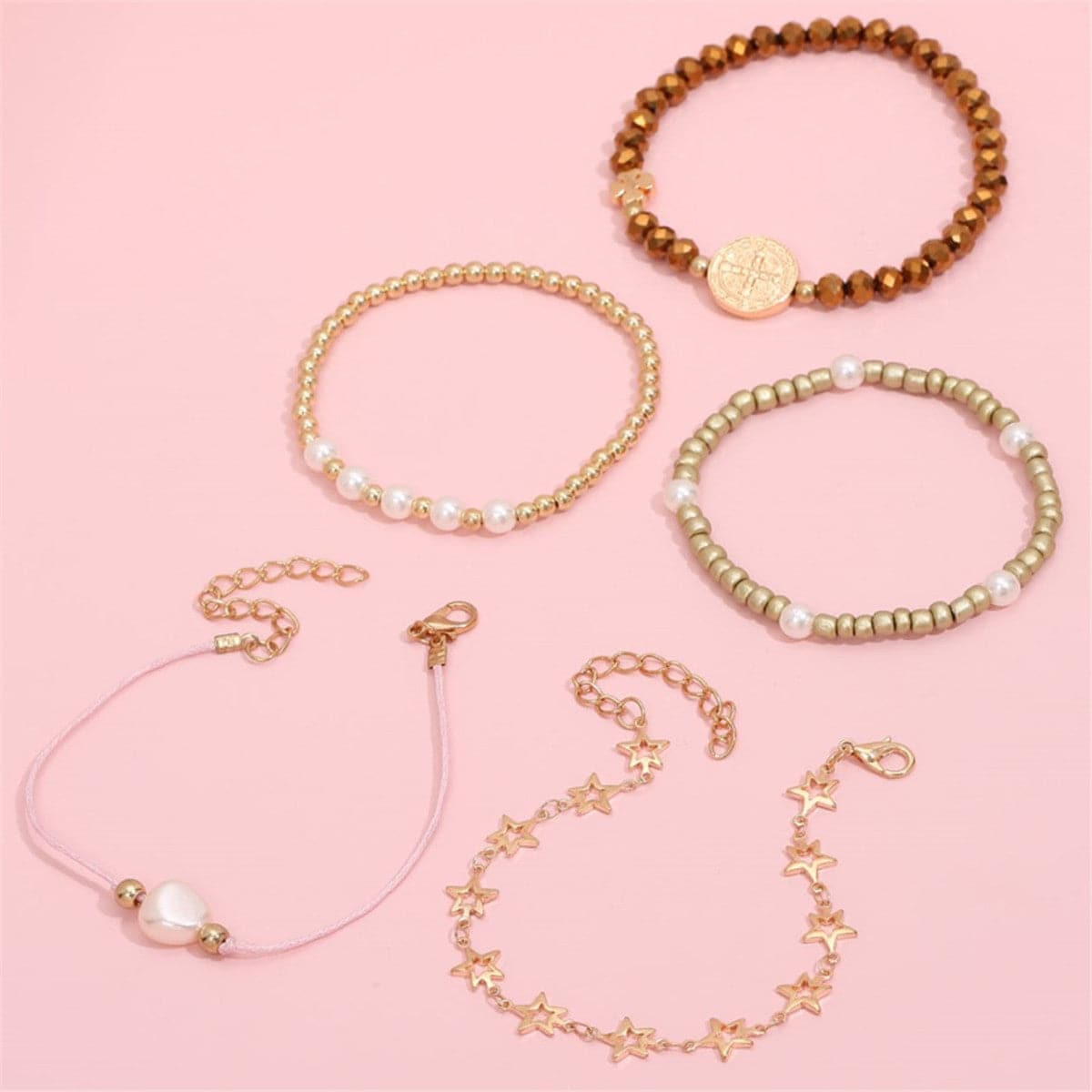 Pearl & 18K Gold-Plated Star Beaded Bracelet Set