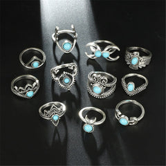 Turquoise & Silver-Plated Crescent Moon Ring Set