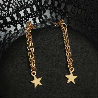18K Gold-Plated Cable Chain Star Ear Jackets, gold drop earrings for women, dainty minimalist design, detail close-up