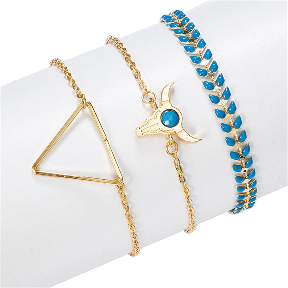Blue Enamel & 18K Gold-Plated Long Horn Charm Bracelet Set