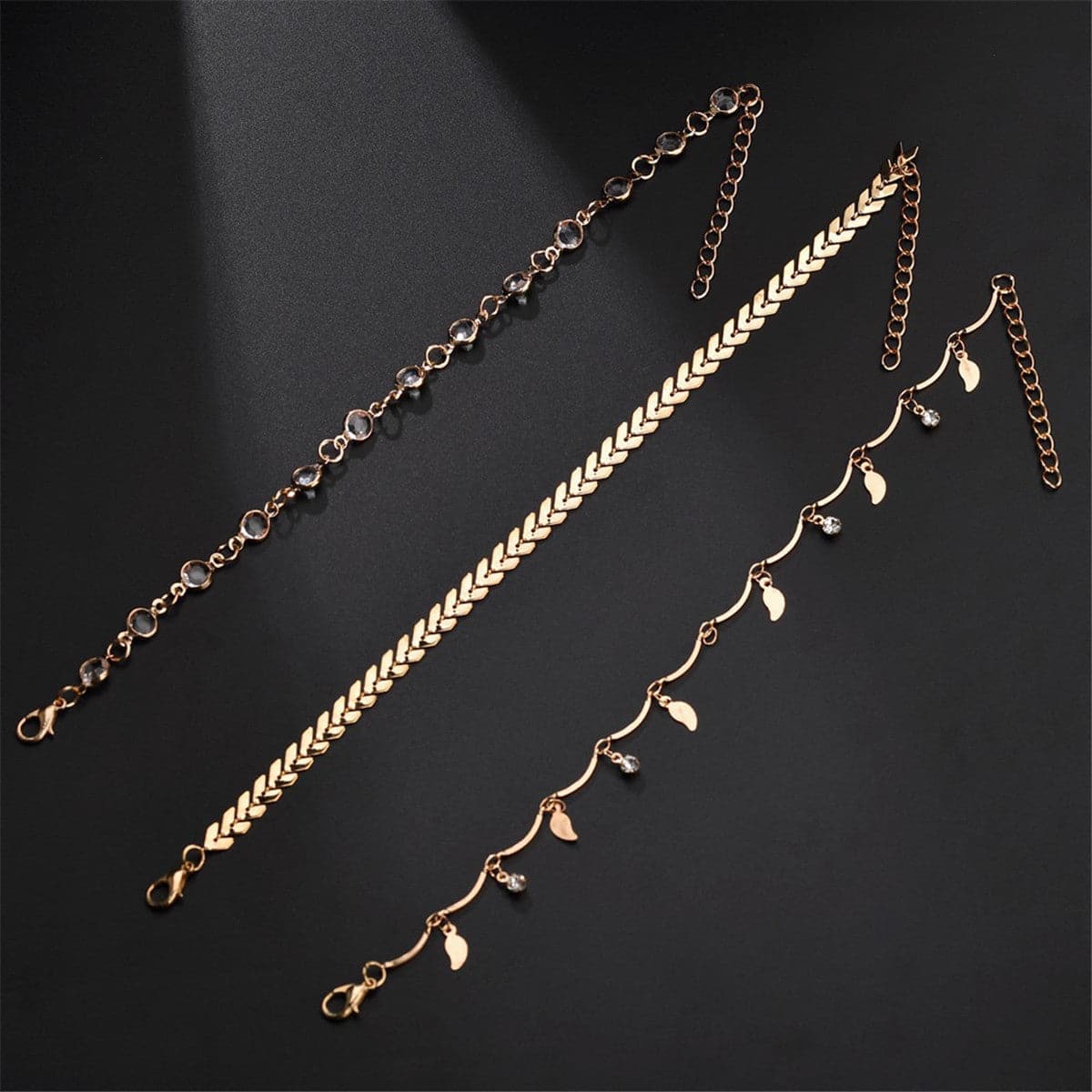 Cubic Zirconia & 18K Gold-Plated Leaf Charm Anklet Set