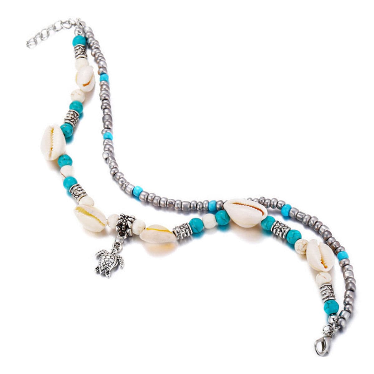 Turquoise and Silver-Plated Tortoise Charm Anklet, silver anklet bracelet, dainty minimalist design, detail close-up