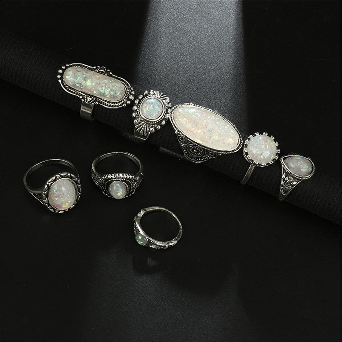 Iridescent and Silver-Plated Long Oval Ring Set, jewelry gift sets for women, elegant gift for her, lifestyle look
