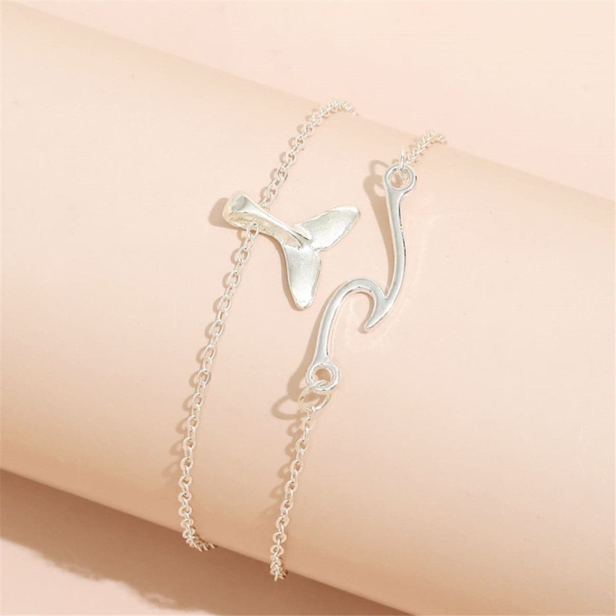 Silver-Plated Fishtail Charm Anklet and Wave Charm Anklet, jewelry gift sets for women, everyday style, detail close-up