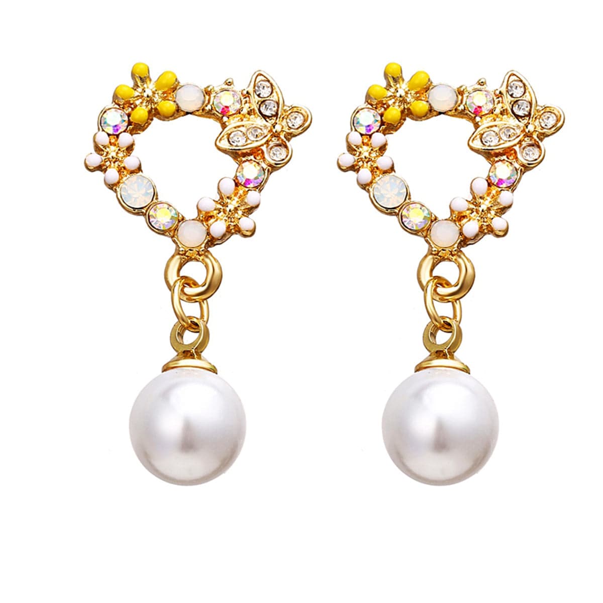 Pearl & Cubic Zirconia Enamel 18K Gold-Plated Butterfly Drop Earrings