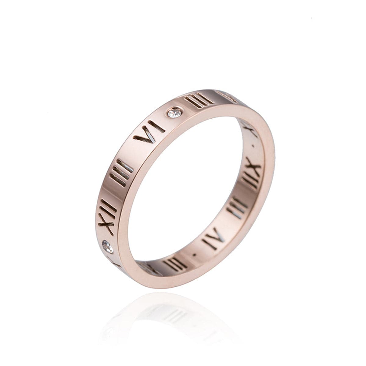 Cubic Zirconia and 18K Rose Gold-Plated Roman Numeral Band Ring, rose gold statement rings for women, front view