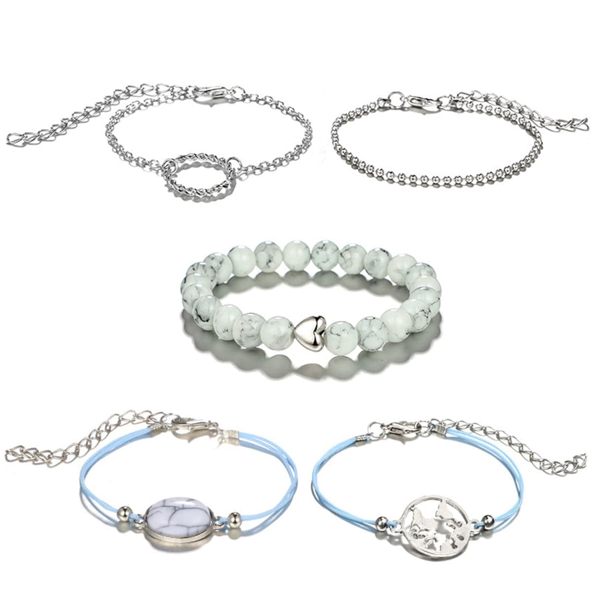 Turquoise & Silver-Plated Heart Map Bracelet Set
