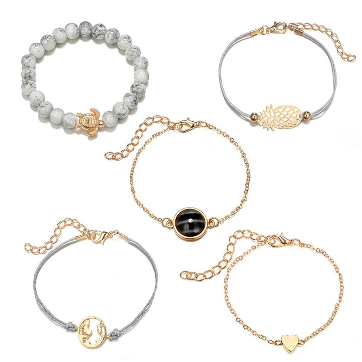 Gray Turquoise and 18K Gold-Plated Pineapple Bracelet Set, jewelry gift sets for women, everyday style, styled look