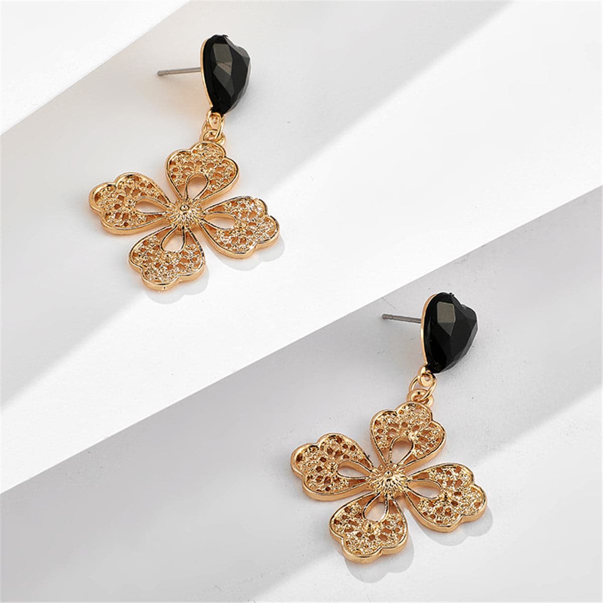 Black Crystal & 18K Gold-Plated Filigree Heart Floral Drop Earrings