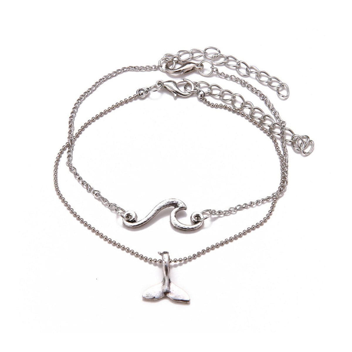 Silver-Plated Fishtail Charm Anklet and Wave Charm Anklet, jewelry gift sets for women, everyday style, lifestyle look