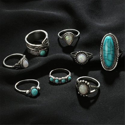 Turquoise & Silver-Plated Leaf Feather Ring Set