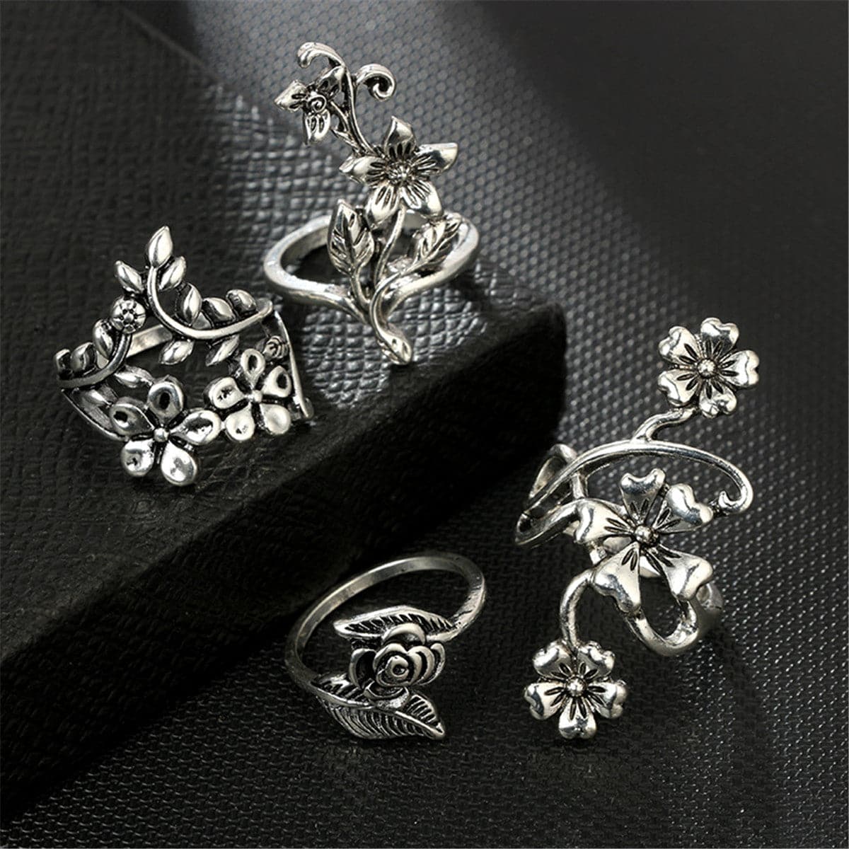 Silver-Plated Floral Leaf Ring Set