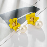 Yellow & Imitation Pearl Flower Drop Earrings