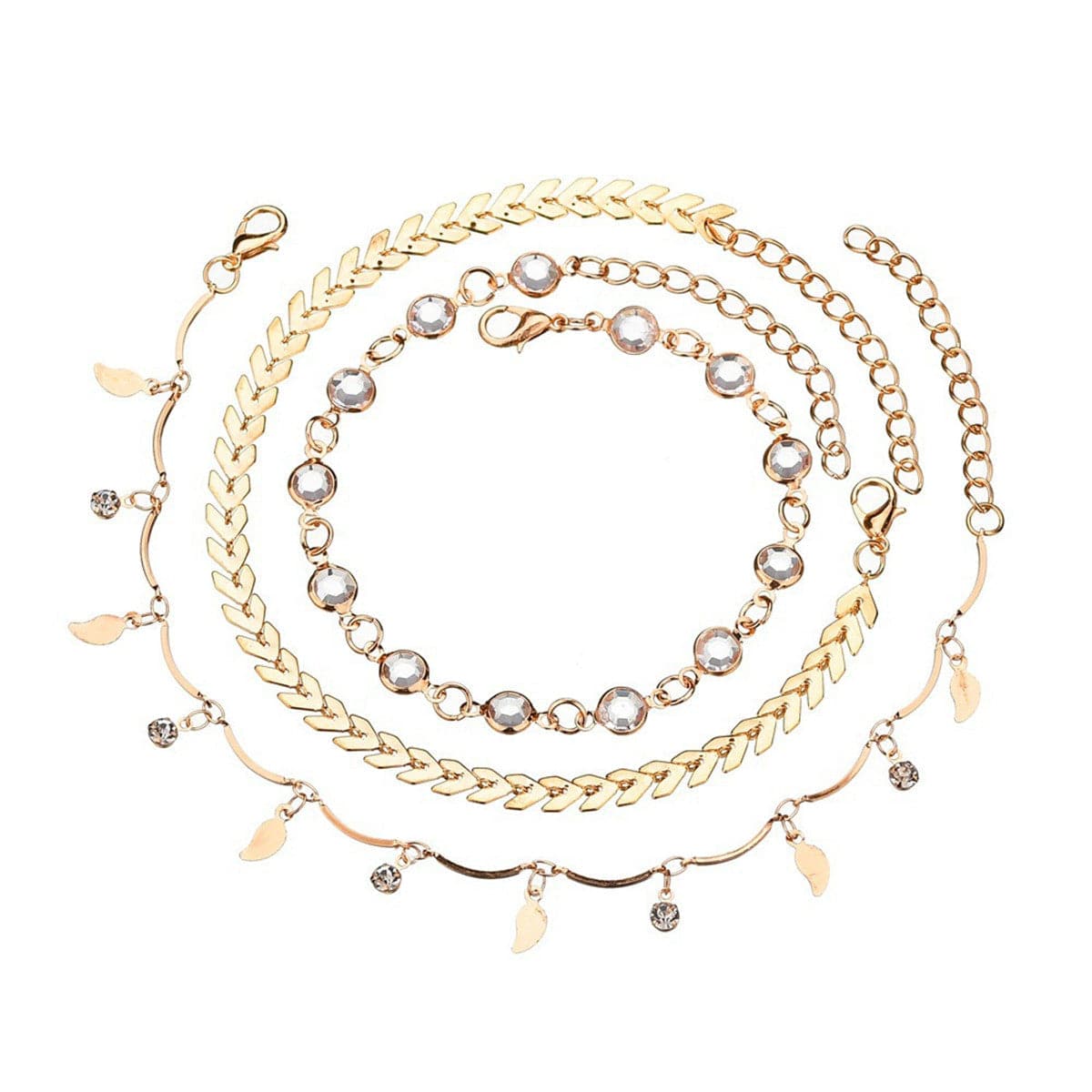 Cubic Zirconia and 18K Gold-Plated Leaf Charm Anklet Set, jewelry gift sets for women, everyday style, side view