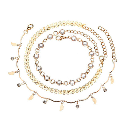 Cubic Zirconia and 18K Gold-Plated Leaf Charm Anklet Set, jewelry gift sets for women, everyday style, side view