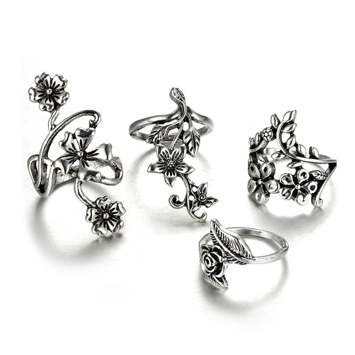 Silver-Plated Floral Leaf Ring Set, jewelry gift sets for women, vintage-inspired design, detail close-up