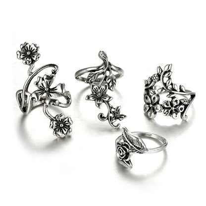Silver-Plated Floral Leaf Ring Set, jewelry gift sets for women, vintage-inspired design, detail close-up