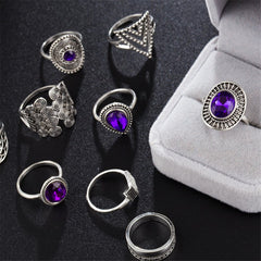 Purple Cubic Zirconia & Crystal Triangle Drop Ring Set