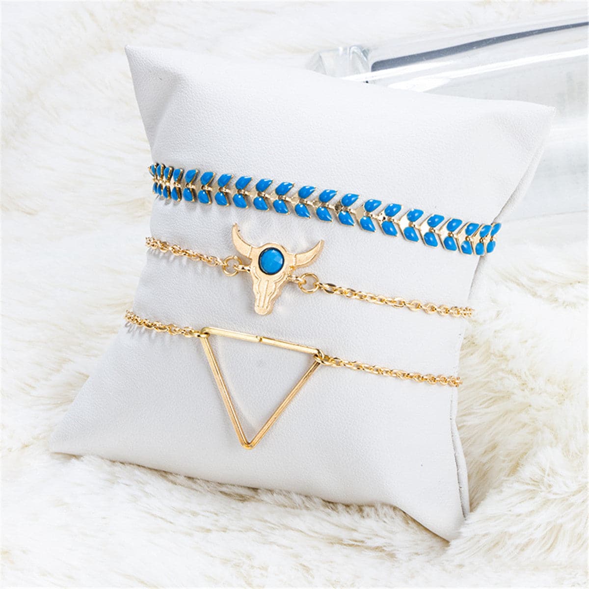 Blue Enamel & 18K Gold-Plated Long Horn Charm Bracelet Set