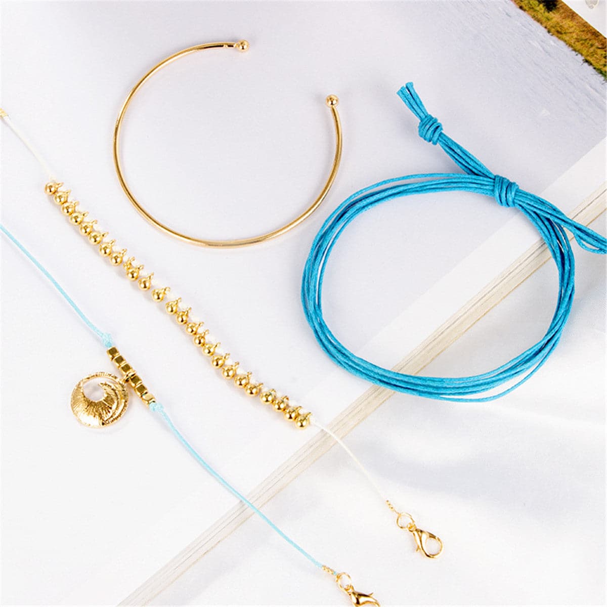 Blue & 18K Gold-Plated Wave Charm Bracelet Set