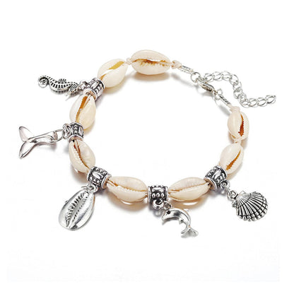 Shell and Silver-Plated Dolphin Hippocampus Charm Anklet, silver anklet bracelet, everyday style, side view