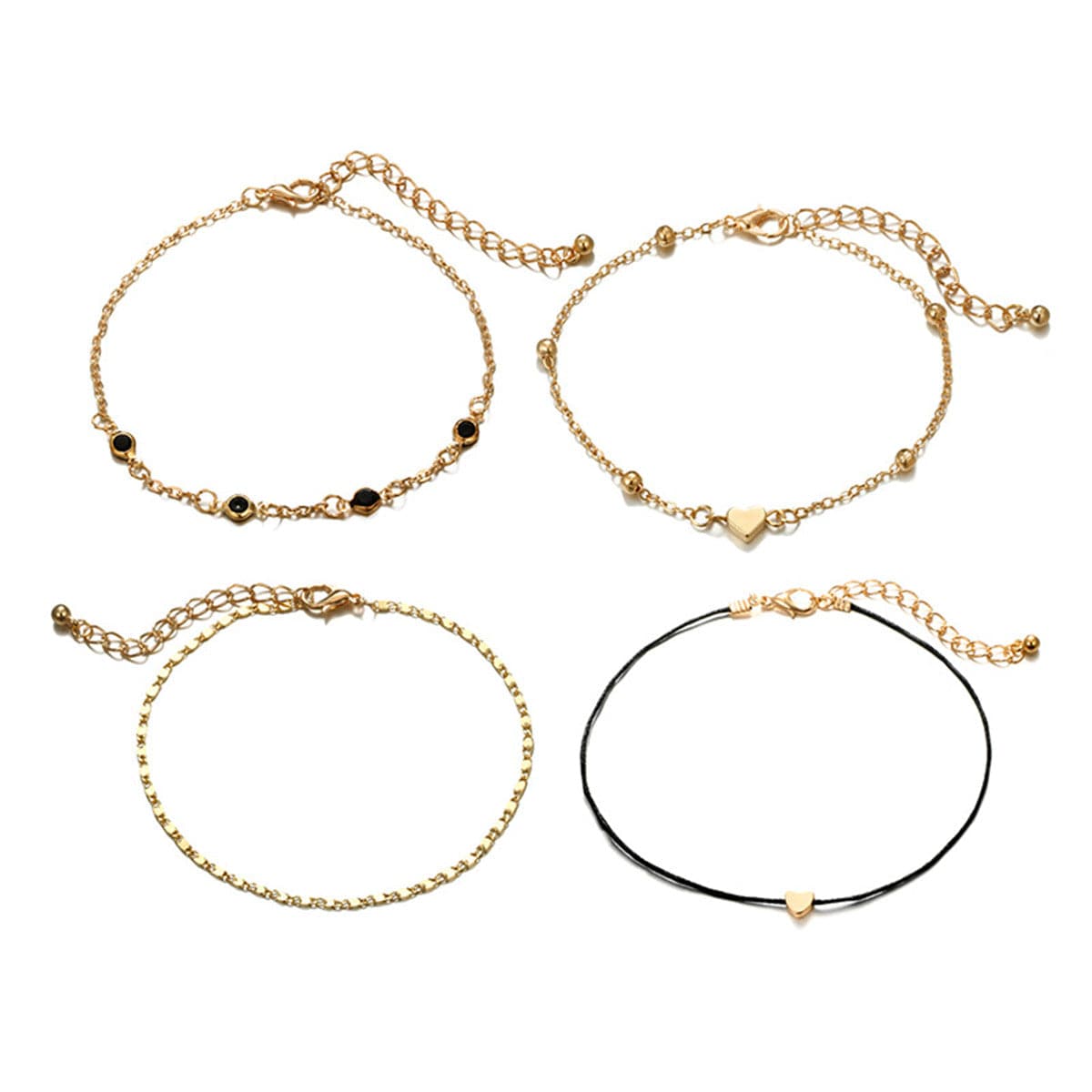 Black Cubic Zirconia & 18K Gold-Plated Bead Heart Bracelet Set